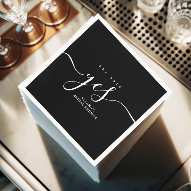 Simple Minimalist Black and White Bridal Shower Napkin (A stack of elegant black-and-white bridal shower napkins with modern script design.)