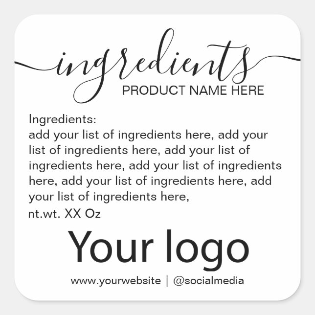 Simple Minimalist Black and White Ingredient List  Square Sticker (Front)