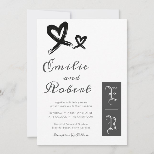 Simple Minimalist Black and White Monogram Wedding Invitation (Front)