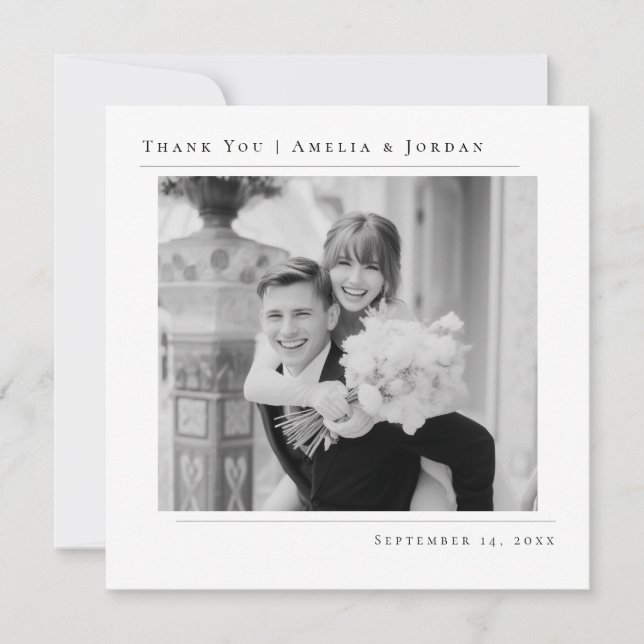 Simple Minimalist Black and White Wedding Photo Thank You Card (Front)