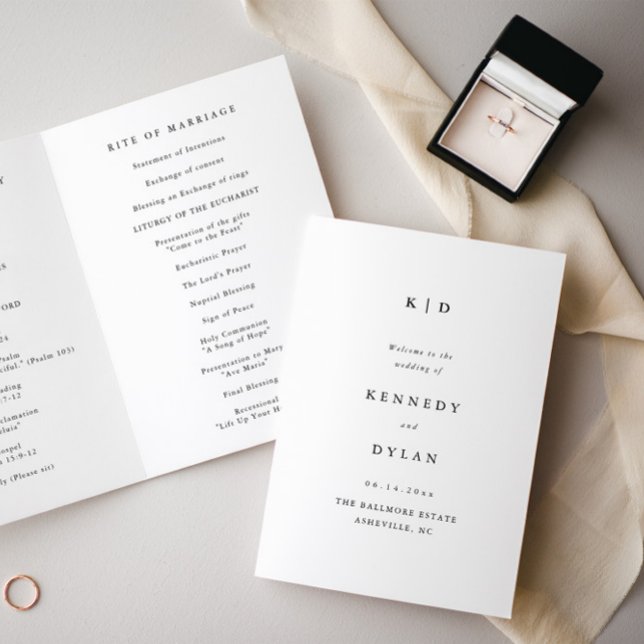 Simple Minimalist Black and White Wedding Programme (Minimal black and white 5x7' folded wedding monogram program.)
