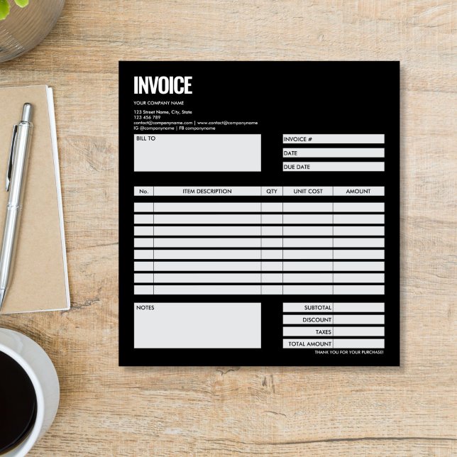 Simple Minimalist Black Invoice Form Business Logo Notepad (black and white simple minimalist Invoice form notepad)