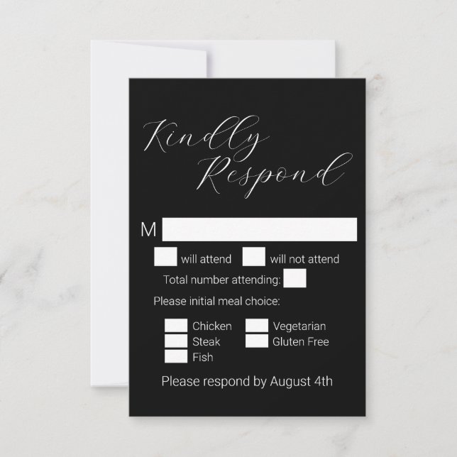Simple Minimalist Black Script Meal Choice Wedding RSVP Card (Front)