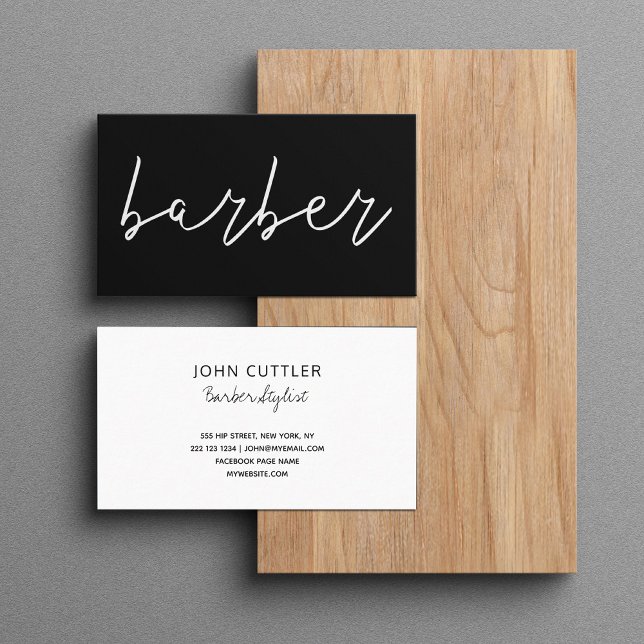 Simple minimalist black white barber handwritten business card (Creator Uploaded)