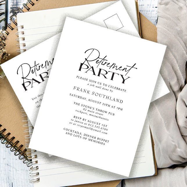 Simple Minimalist Black White Retirement Party Postcard (Creator Uploaded)