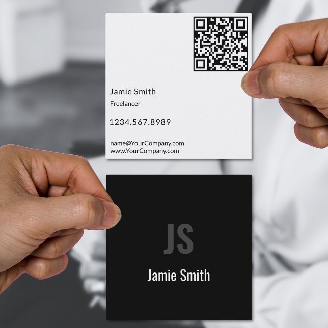 Simple Minimalist Black & White Square Business Card (Simple Minimalist Black & White Square Business Card, Initials, QR code)