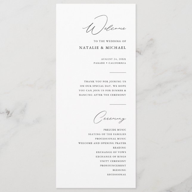Simple Minimalist Black & White Wedding Ceremony Programme (Front)