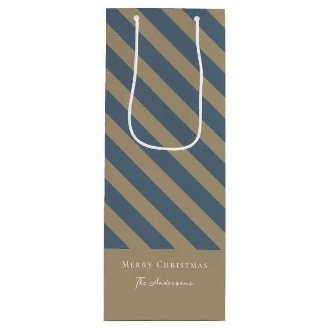 Simple Minimalist Blue and Beige Merry Christmas Wine Gift Bag (Front)