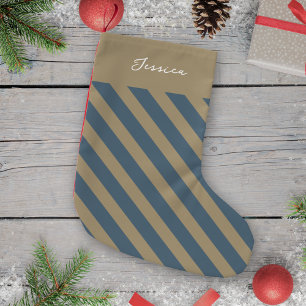 Simple Minimalist Blue and Beige Striped Small Christmas Stocking