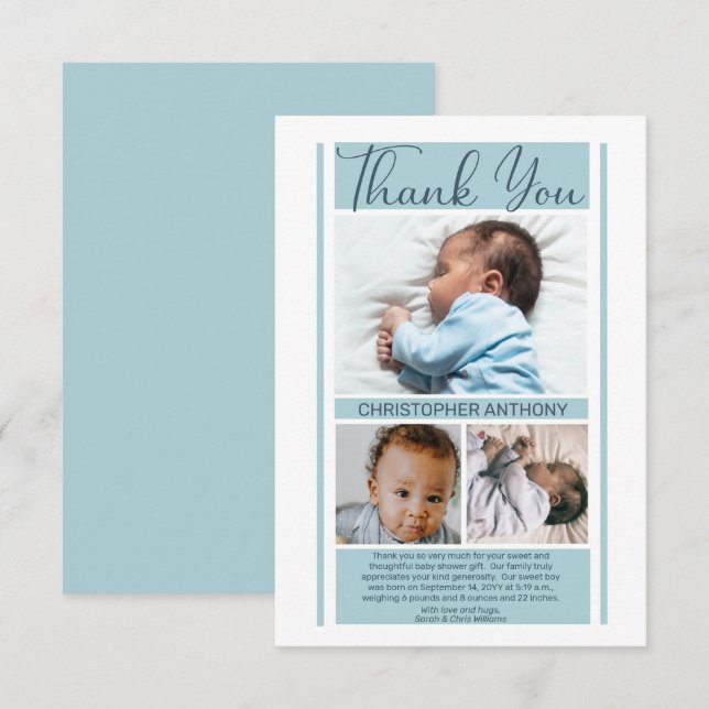 Simple Minimalist Blue Baby Shower Boy Thank You Card (Front/Back)