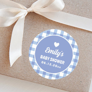 Simple Minimalist Blue Gingham Boy Baby Shower Classic Round Sticker