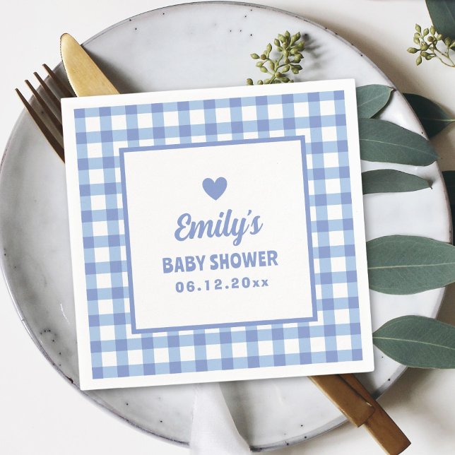 Simple Minimalist Blue Gingham Boy Baby Shower Napkin (Creator Uploaded)