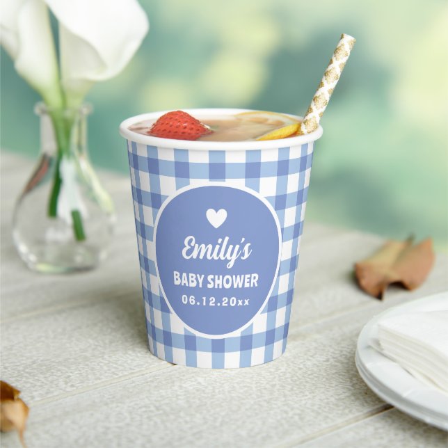 Simple Minimalist Blue Gingham Boy Baby Shower Paper Cups (Insitu)