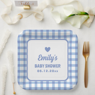 Simple Minimalist Blue Gingham Boy Baby Shower Paper Plate