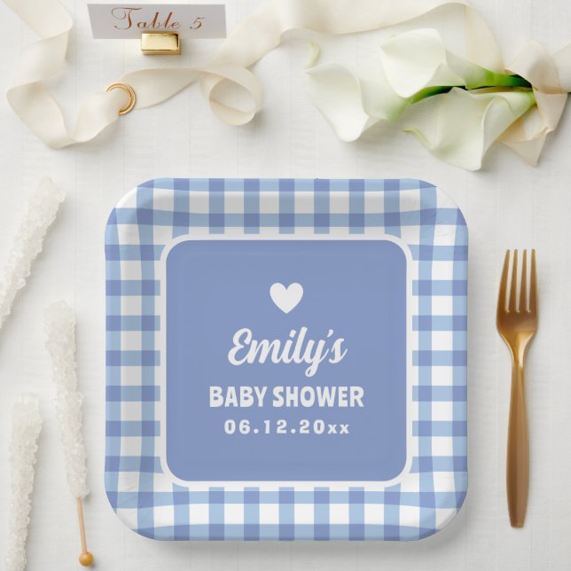 Simple Minimalist Blue Gingham Boy Baby Shower Paper Plate (Wedding)
