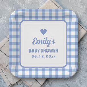 Simple Minimalist Blue Gingham Boy Baby Shower Paper Plate
