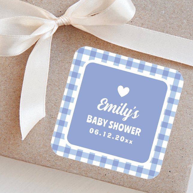Simple Minimalist Blue Gingham Boy Baby Shower Square Sticker (Creator Uploaded)