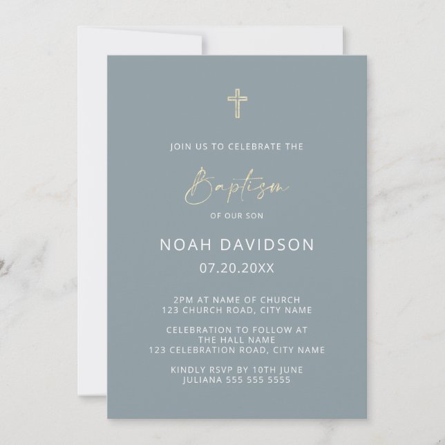 Simple Minimalist Blue & Gold Cross Baptism Invitation (Front)