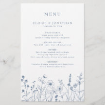 Simple Minimalist Blue Wildflower Wedding Menu