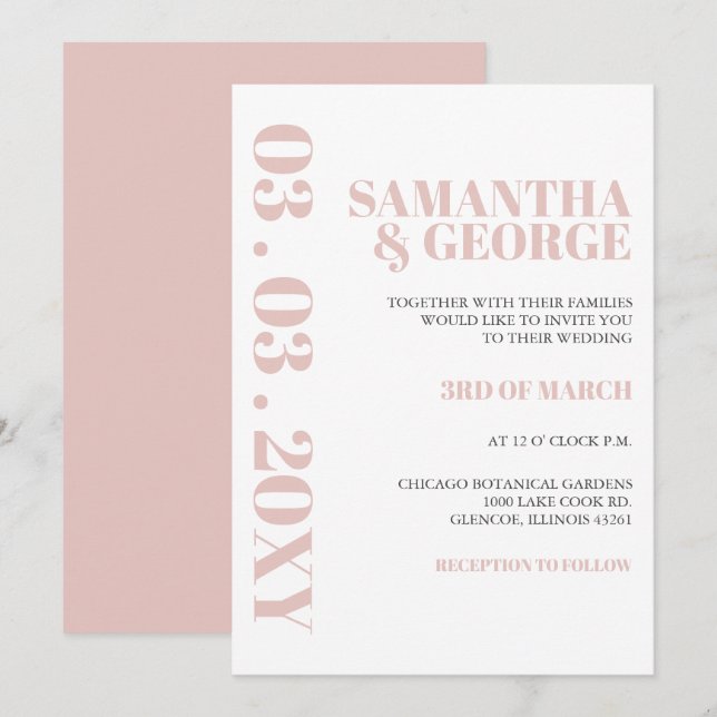 Simple Minimalist Blush Modern Wedding  Invitation (Front/Back)