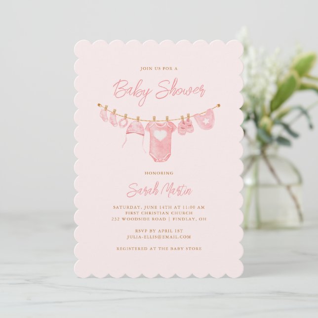 Simple Minimalist Blush Pink Scalloped Baby Shower Invitation (Standing Front)