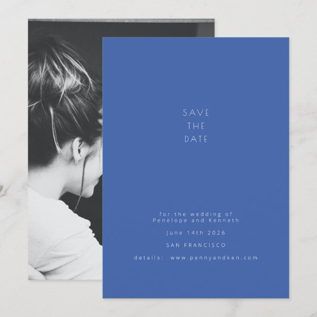 Simple Minimalist Bold Blue Modern Couple Photo Save The Date (Front/Back)