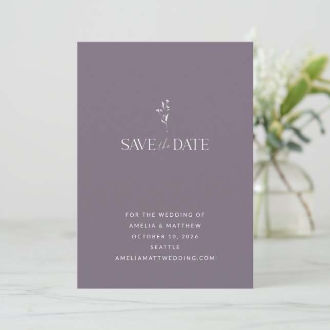 Simple Minimalist Botanical Plum Purple Wedding Save The Date (Standing Front)
