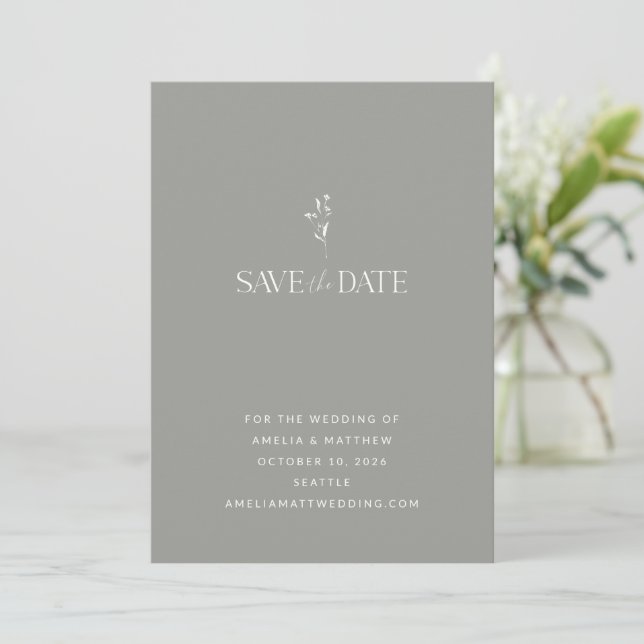 Simple Minimalist Botanical Silver Grey Wedding Save The Date (Standing Front)