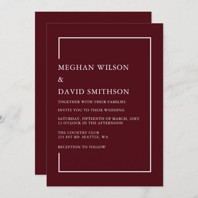 Simple Minimalist Burgundy Modern Wedding   Invitation (Front/Back)