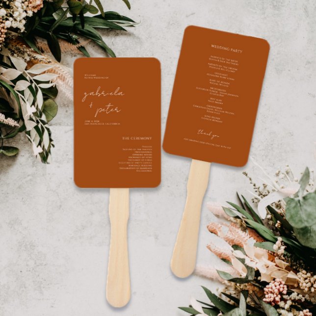 Simple Minimalist Burnt Orange Wedding Program Hand Fan (Creator Uploaded)