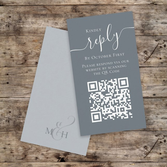 Simple Minimalist Calligraphy QR Code RSVP Blue Enclosure Card (Creator Uploaded)