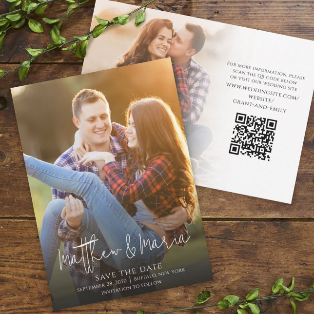 Simple Minimalist Calligraphy Two Photo QR Code Save The Date (Creator Uploaded)