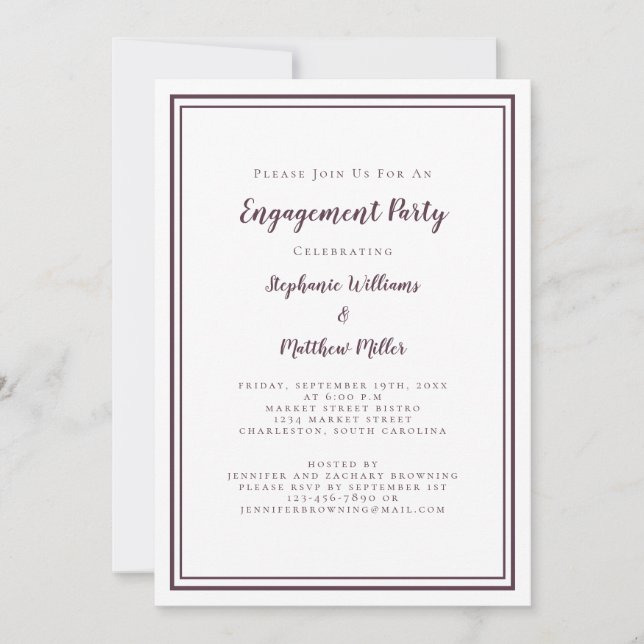 Simple Minimalist Cassis Purple Engagement Party Invitation (Front)