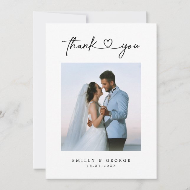 Simple Minimalist Chic Script Heart Wedding Photo Thank You Card (Front)