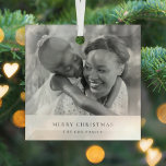 Simple Minimalist Chirstmas Black and White Photo Glass Tree Decoration<br><div class="desc">A stylish minimal photo holiday christmas tree ornament with classic typography "Merry Christmas" in black on a clean simple minimalist white background. The photo, holiday greeting and name can be easily customised for a personal touch. A simple, minimalist and contemporary christmas design to stand out this holiday season! The image...</div>