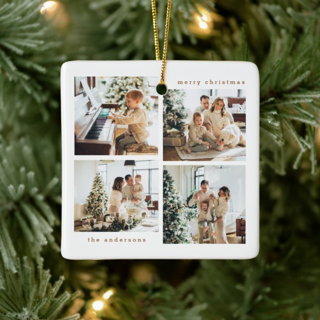 Simple Minimalist Christmas Four Photo Typography Ceramic Ornament (Tree)
