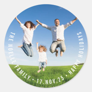 Simple Minimalist Circle Text Modern Holiday Photo Classic Round Sticker