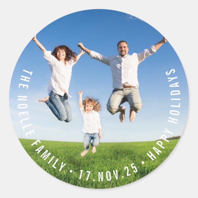 Simple Minimalist Circle Text Modern Holiday Photo Classic Round Sticker (Front)