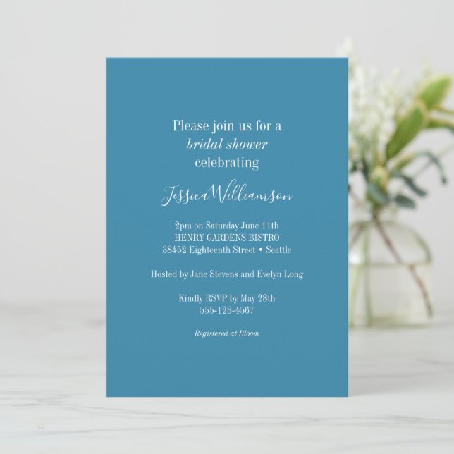 Simple Minimalist Classic Chic Blue Bridal Shower Invitation (Standing Front)
