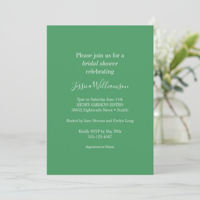Simple Minimalist Classic Chic Green Bridal Shower Invitation (Standing Front)