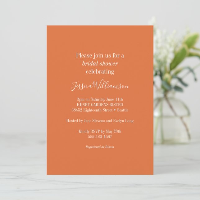 Simple Minimalist Classic Orange Bridal Shower Invitation (Standing Front)