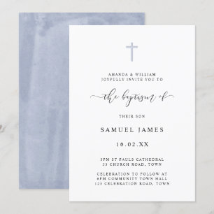 Simple Minimalist Classic Watercolor Blue Baptism Invitation