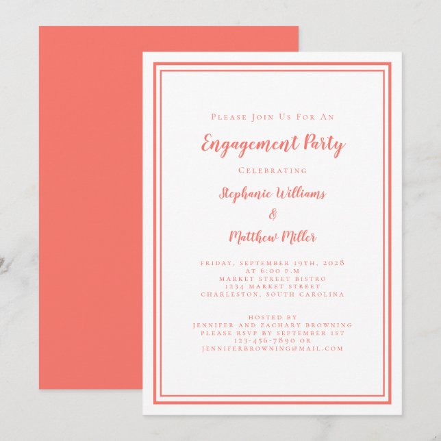 Simple Minimalist Coral & White Engagement Party Invitation (Front/Back)