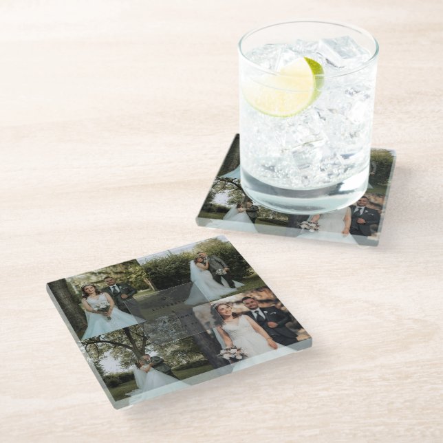 Simple Minimalist Couple Photo Collage Wedding Glass Coaster (Angled)