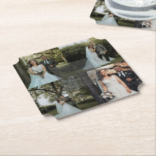 Simple Minimalist Couple Photo Collage Wedding Paper Coaster