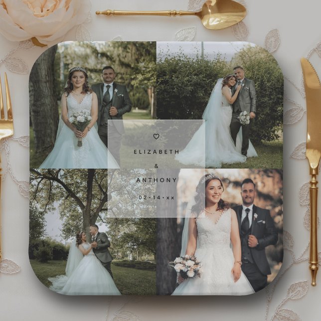 Simple Minimalist Couple Wedding Photo Collage Paper Plate (Creator Uploaded)