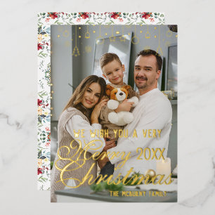 Simple minimalist Custom family photo modern Foil Holiday Card