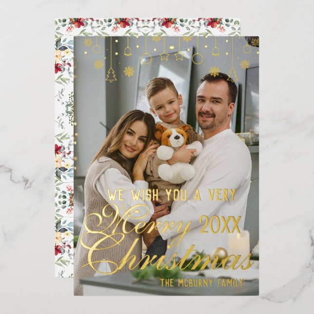 Simple minimalist Custom family photo modern  Foil Holiday Card (Front/Back)