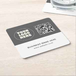 Simple Minimalist Custom Logo Text & QR Code Square Paper Coaster