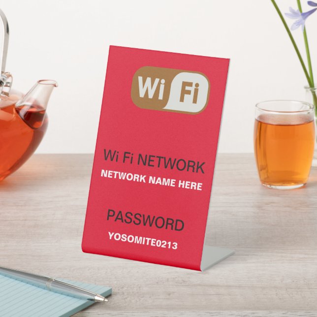 Simple Minimalist Custom Wifi Network Password Red Pedestal Sign (In SItu)